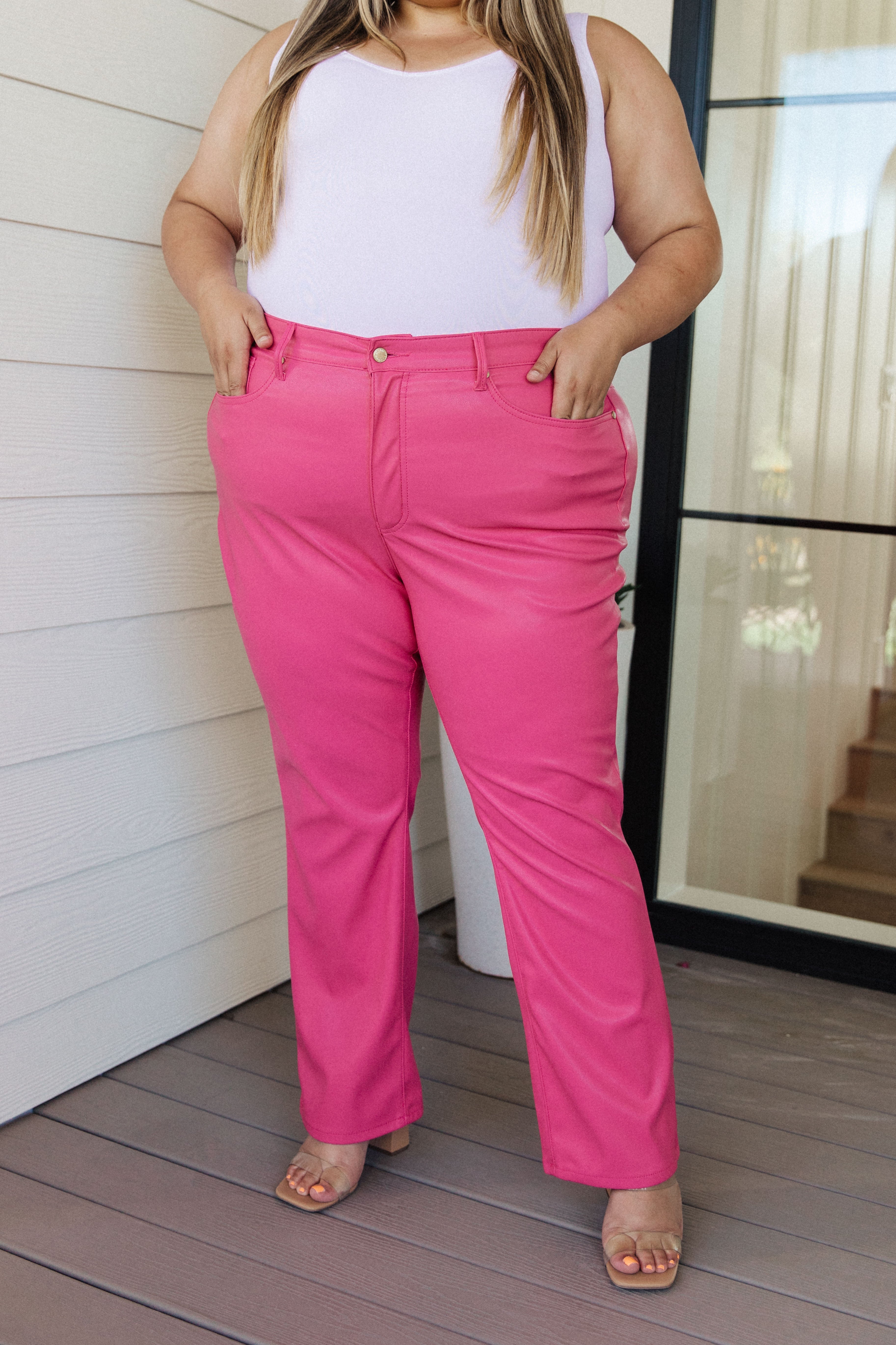 Judy Blue Tanya Tummy Control Faux Leather Pants in Hot Pink